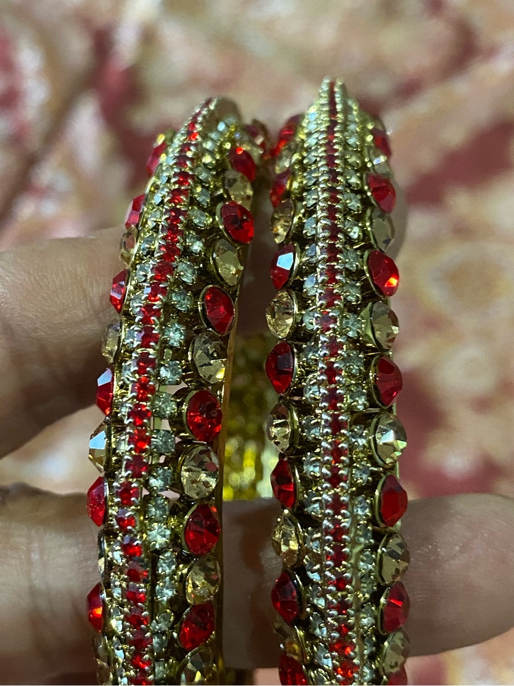 Bridal Gold Tone Bangle Bracelet with Red and Champagne Crystals